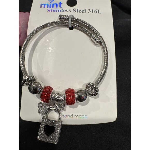 Mint Stainless Steel Heart PadLock Crystals Charm Silvertone Bangle Bracelet NEW - Picture 2 of 6
